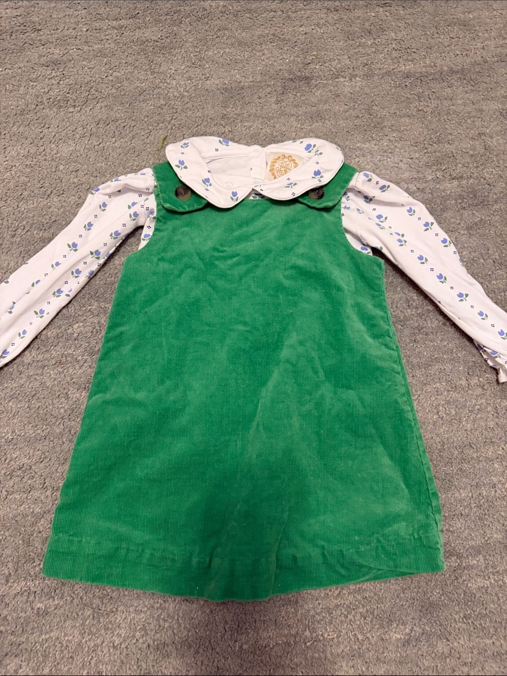 The Beaufort Bonnet Company Green Corduroy Jumper with White Floral Blouse